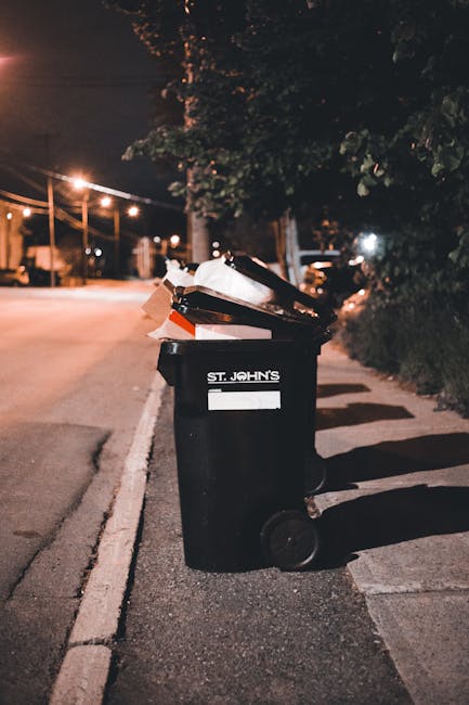 A black wheelie bin with a white label and the text 'St. John's' printed on the front, positioned on a dimly lit urban pavement at night. The bin is overflowing with various waste materials, including cardboard boxes, paper, and plastic items, some of which are protruding and leaning out of the open lid. The surrounding environment features a row of trees and dark bushes along the sidewalk on the right, with streetlights casting warm, yellowish light onto the scene. In the background, a quiet street with parked cars and more streetlights stretching into the distance can be seen, creating a subtle glow. The image reflects an independent waste disposal effort typical of private rubbish collection services like Rubbish Removal Kingston, highlighting the common practice of on-site clearance away from local authority bins in suburban areas.