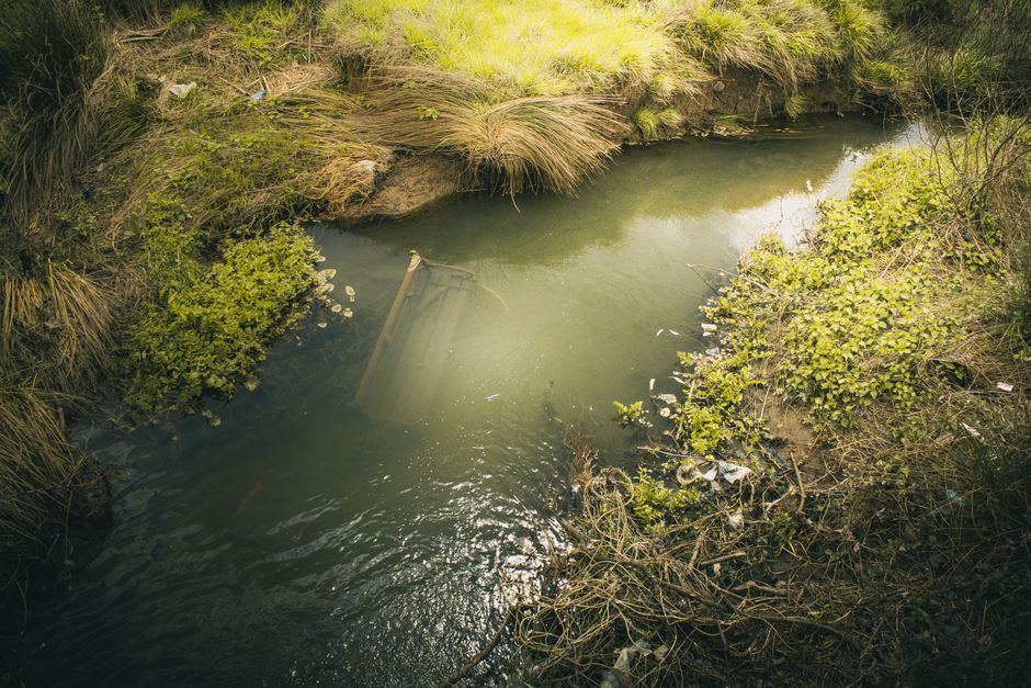 A small, narrow river or stream flowing through a grassy, natural environment with dense green vegetation along its banks. The water appears slightly murky, reflecting the light from an overcast sky. Partially submerged in the water, there is a metal roofing sheet with corrugated ridges, lying at an angle with one edge resting on the muddy bank and the other partially submerged. The surrounding area features tufts of grass, low shrubs, and small leafy plants with varying shades of green, some with brownish tips. The riverbank is composed of soil and mud, with some exposed roots and patches of wet earth visible. The scene is illuminated by diffuse natural light, contributing to a muted, neutral tone devoid of direct sunlight or shadows. The environment suggests a location away from urban settings, possibly an undeveloped or semi-natural area, consistent with private or irregular waste disposal, subtly aligning with alternative rubbish removal options in the Kingston area, as operated by Rubbish Removal Kingston.