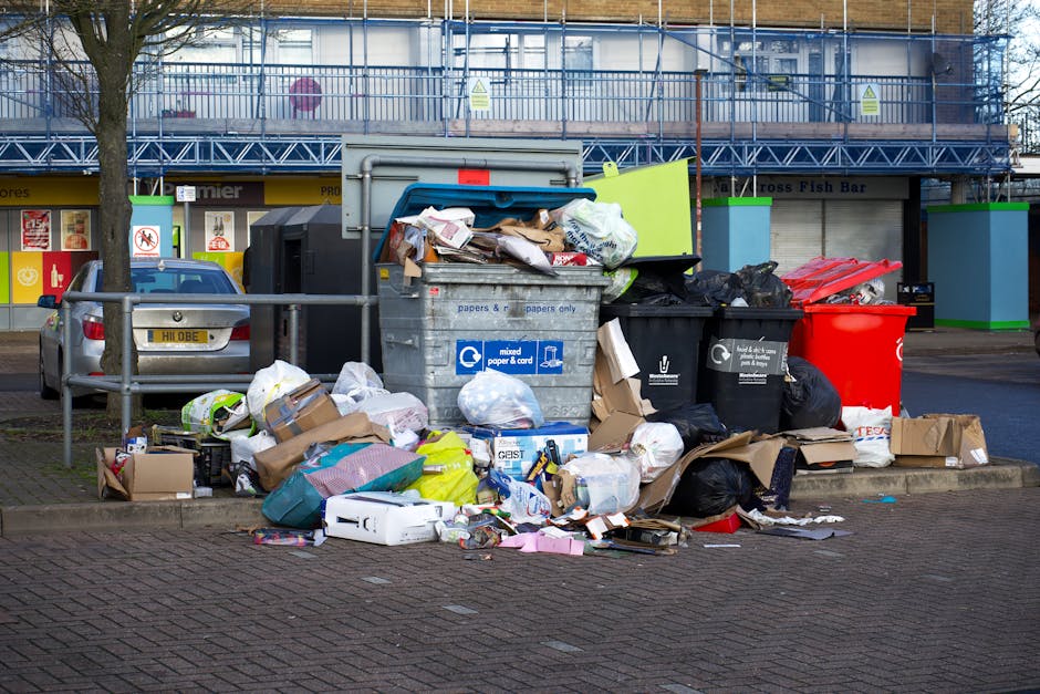 A large outdoor waste disposal area featuring multiple bins and overflowing rubbish in Kingston, with a grey mixed paper and card bin positioned centrally, surrounded by black and red waste bags, flattened cardboard boxes, and assorted litter scattered on the paved ground. To the left, a small silver car parked next to a metal railing partially borders the scene, while in the background, a building under renovation is visible, clad in blue scaffolding covering its upper level. The area is illuminated by natural light, highlighting the cluttered scene and the contrasting textures of rubbish materials, including paper, plastic, and cardboard, indicative of private or independent waste collection services such as those offered by Rubbish Removal Kingston, especially pertinent to on-site clearance or non-local-authority refuse disposal in the context of efficient rubbish removal on Kingston High Street.